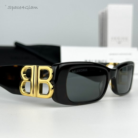 NEW Balenciaga BB0096S 002 Havana Gold Logo Green Rectangle Unisex Sunglasses - Picture 1 of 13